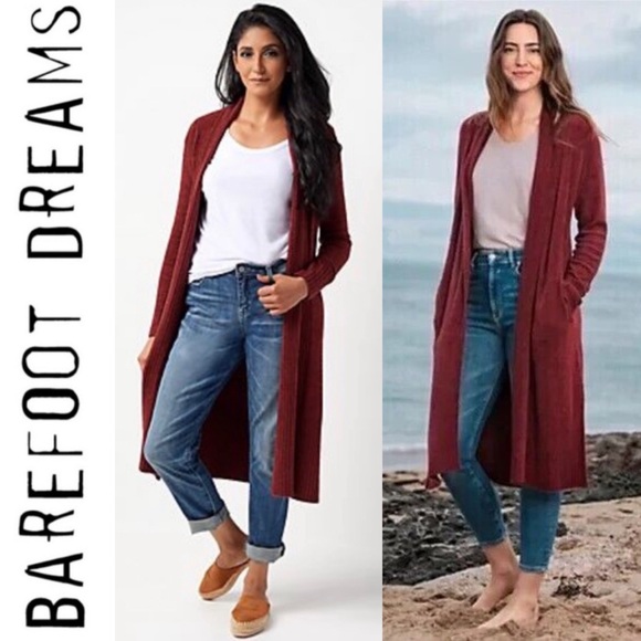 Barefoot Dreams CozyChic Lite Catalina Cardi Sweater Garnet Red Cardigan Duster - Picture 2 of 16